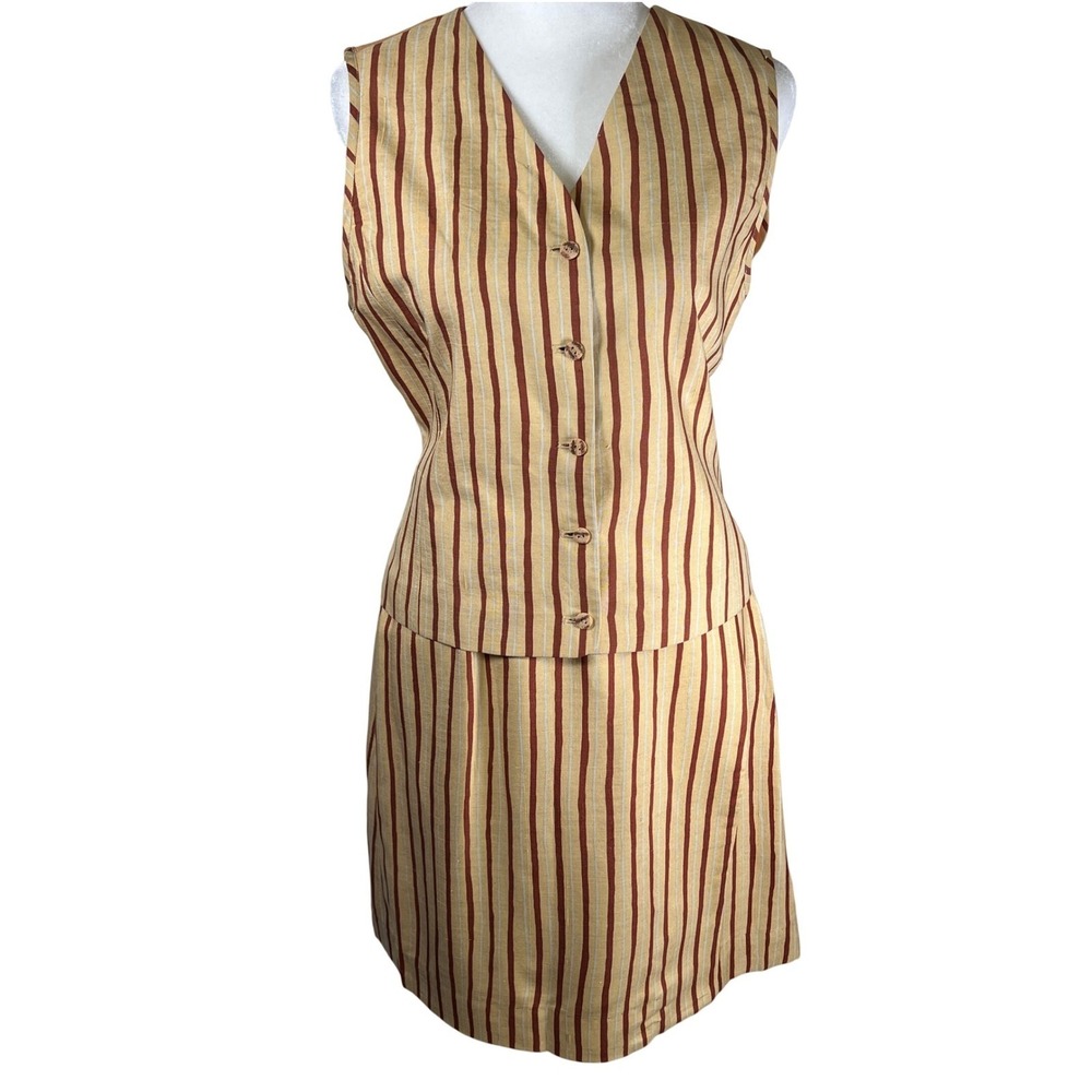 August Silk Vintage Striped Vest Wrap Skirt Set Beige Brown V-Neck Size 8 Petite